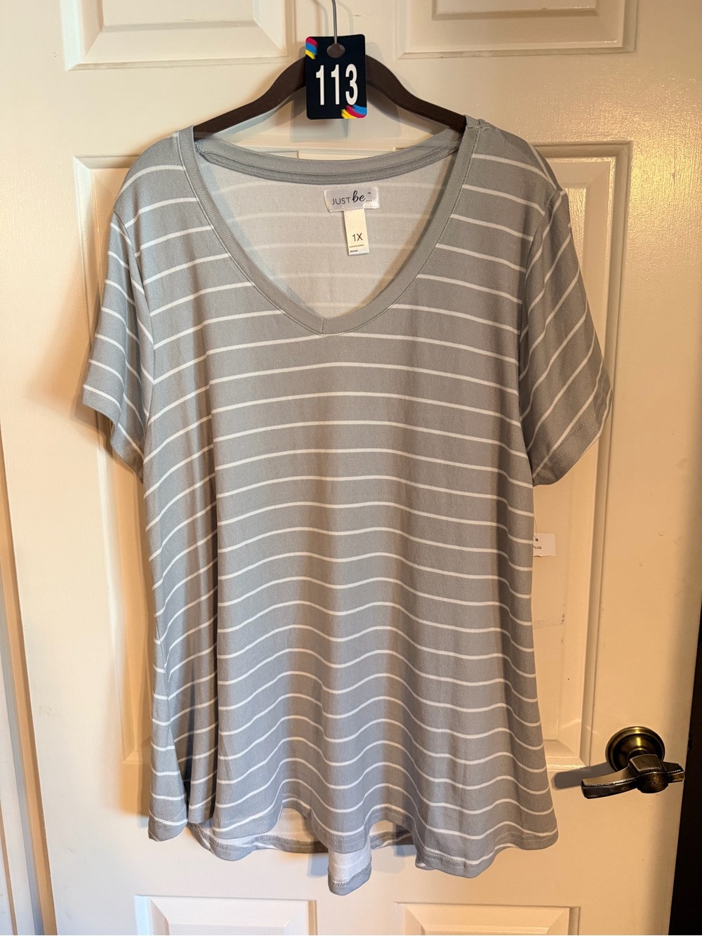 just be Light Gray & White Striped V-Neck Short Sleeve Tee